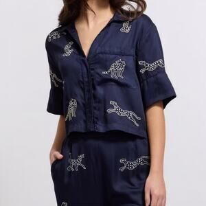 Sani Leopard Lounge Pajama Top Midnight Jubilee Navy Sz X-Small